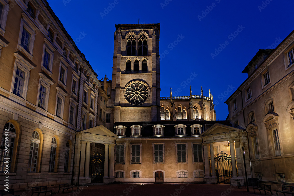 LYON, FRANCE, June 21, 2018 : Primatiale of Saint-Jean Cathedral at the blue hour.