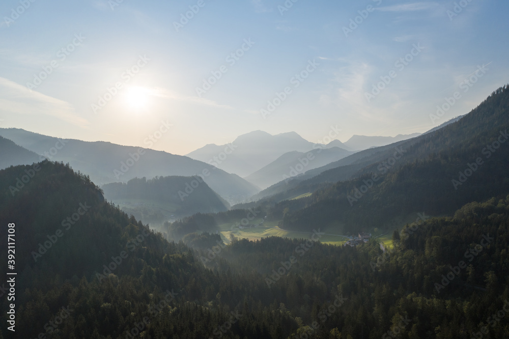 Fototapeta premium Drone panorama over forest and mountains in Bavaria, Germany