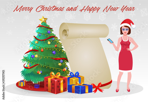 Christmas Santa Girl Character with Christmas Gifts, Christmas tree and explainer animation poses. Character set with poses