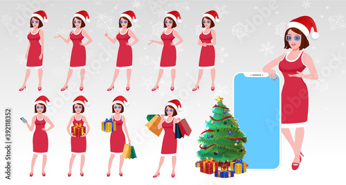 Christmas Santa Girl Character with Christmas Gifts, Christmas tree and explainer animation poses. Character set with poses