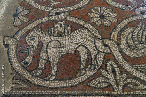 Detail of the mosaic on the floor in the abbey of Ganagobie © E.Richard