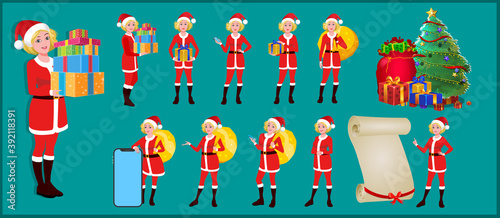 Christmas Santa Girl Character with Christmas Gifts, Christmas tree and explainer animation poses. Character set with poses