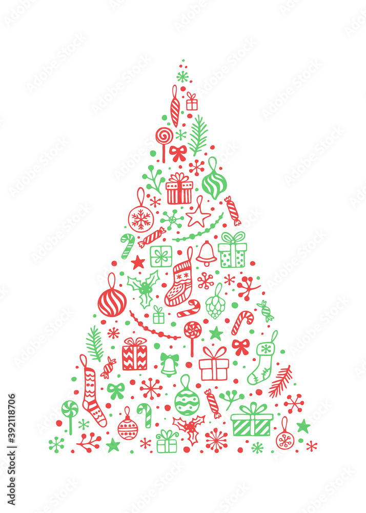 Vector illustration of Christmas tree with hand drawn cute elements. Silhouette isolated on red background Vector illustration of Christmas tree with hand drawn cute elements. Silhouette isolated on red background
