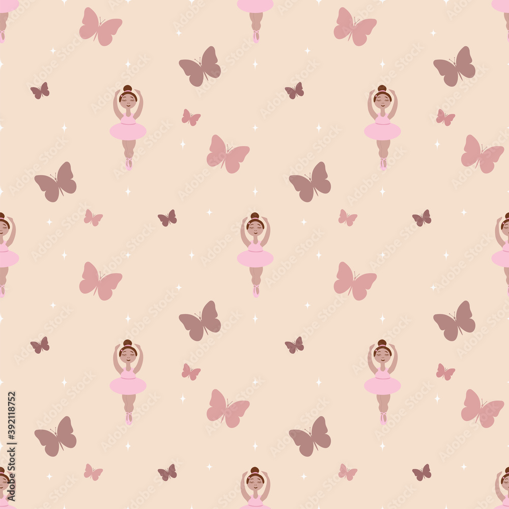 seamless pattern with the image of a ballerina girl in a pink tutu on a beige background with stars and butterflies