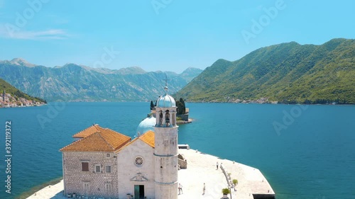 Perast, Bay of Kotor, Montenegro. Aerial view of the Our Lady of the Rocks. The island Saint George on the background