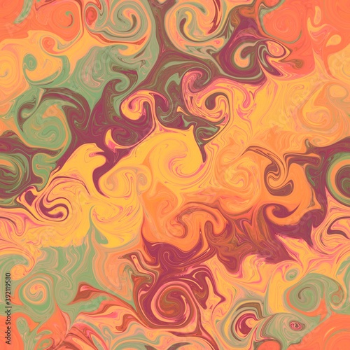 Multicolored swirls in paper marbling technics. Abstract Seamless pattern of spirals of different shapes and sizes in peach pastel colors. Ebru imitation for textile print, wrapping and digital paper