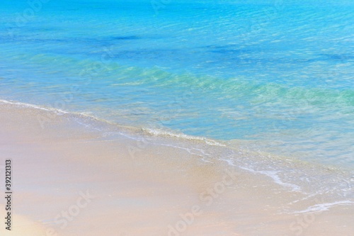 Blue calm soft waves of Indian ocean paradise white sand tropical beach exotic Seychelles island, peaceful idyllic summer landscape for relax and meditation, Tranquil rippled sea, sunlight, seascape.