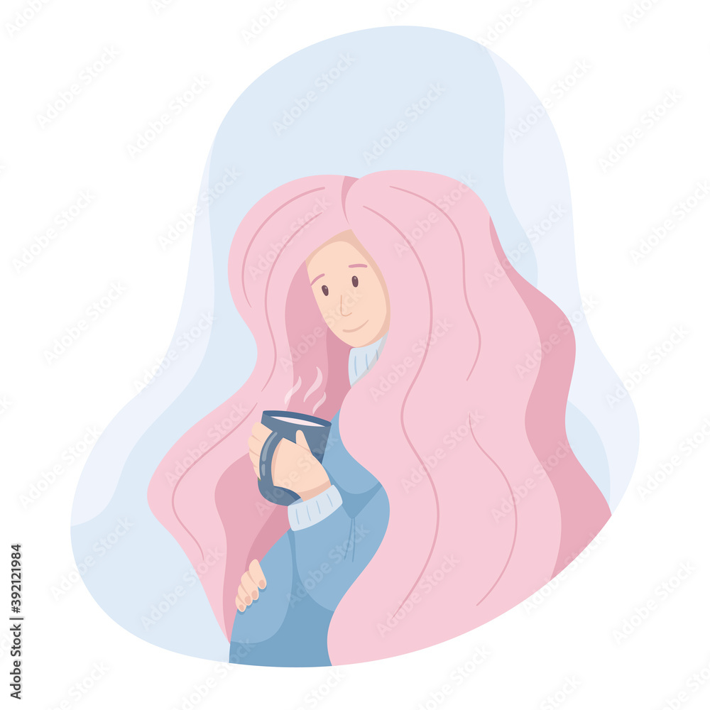 Vector cute doodle illustration. Pregnant young woman in gentle blue and pink colors, winter atmosphere, christmas. Comfort, a mug of hot coffee or tea. Vector cute doodle illustration. Pregnant young woman in gentle blue and pink colors, winter atmosphere, christmas. Comfort, a mug of hot coffee or tea.