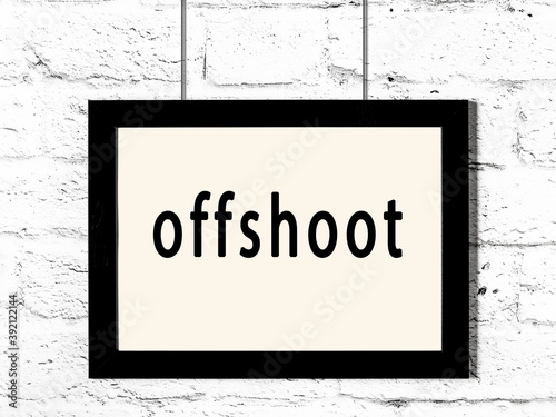 Black frame hanging on white brick wall with inscription offshoot