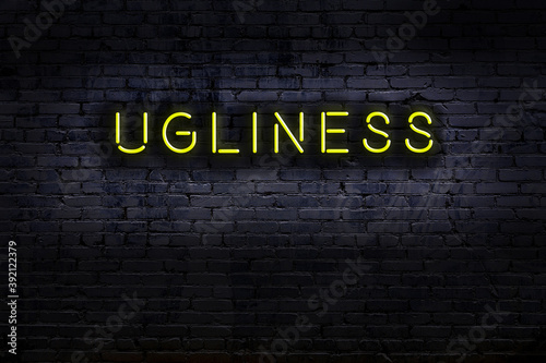 Neon sign. Word ugliness against brick wall. Night view photo