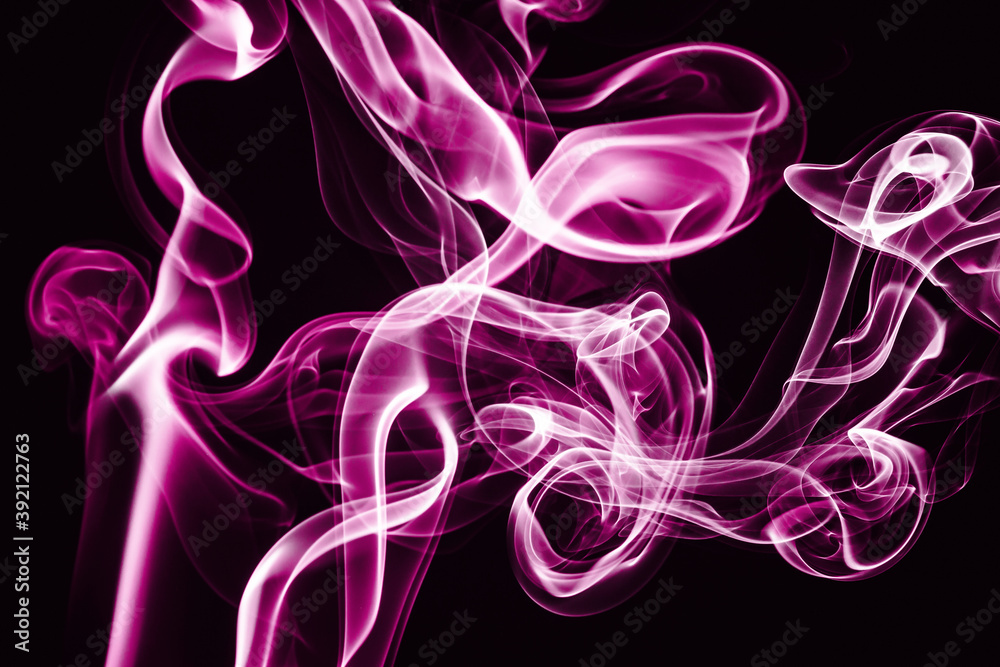 Naklejka premium Pink smoke background. Air gas swirl texture. Vapour isolated on black. Mist wave pattern. Colorful smoke flow isolated on black.