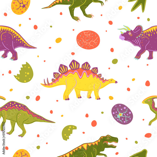 Seamless pattern with tyrannosaurus, triceratops, parasaurolophus and stegosaurus. Colorful vector dinosaurs and dinosaur eggs