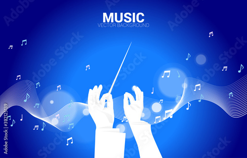 Vector silhouette of conductor hand with sound waves in background . Concept background for orchestra concert and recreation.