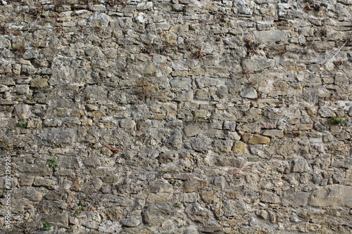 Unregelmäßige Natursteinmauer mit Pflanzen