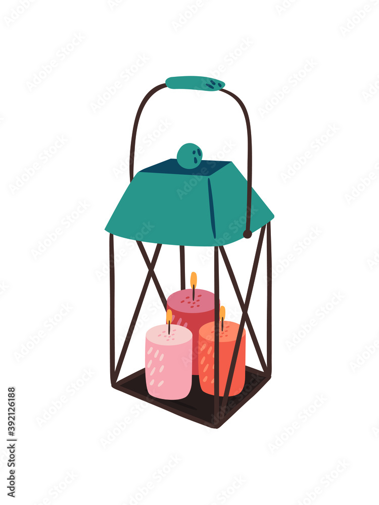 Flat vector cartoon illustration of a decorative lantern with candles. Hygge decorative item for the interior in the Scandinavian style isolated on white background. Flat vector cartoon illustration of a decorative lantern with candles. Hygge decorative item for the interior in the Scandinavian style isolated on white background.
