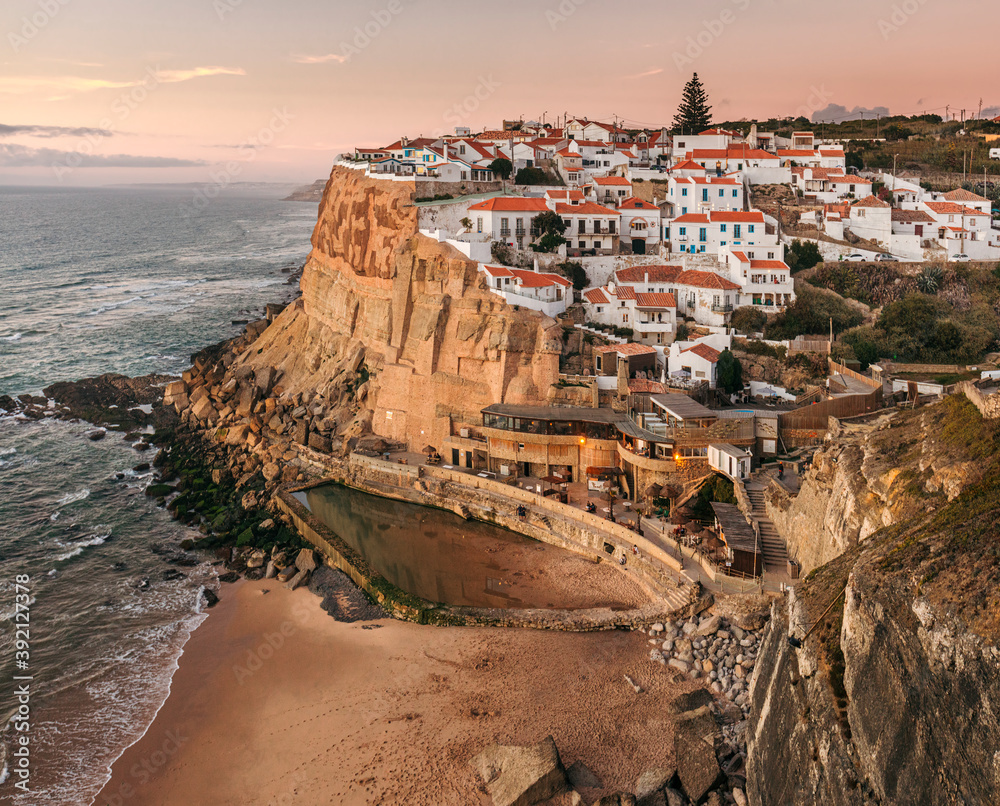 General view of Azenhas do Mar during the sunset. The town located  in the municipality of Sintra, Portugal and is part of Colares civil parish.