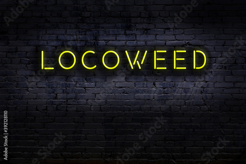 Neon sign. Word locoweed against brick wall. Night view photo