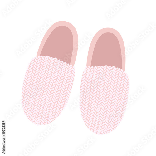 Flat vector illustration of light pink Slippers, top view. A pair of cozy home Slippers with a knitted element. Home shoes isolated on a white background.