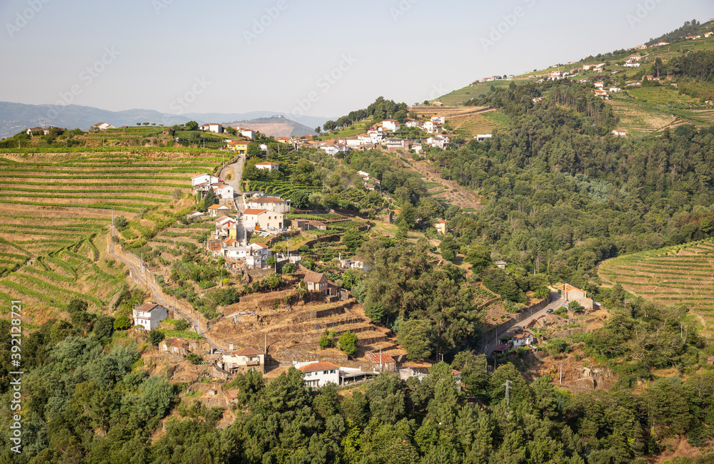 Obraz premium a view of Boavista village (Vila Marim) on the slope of a green mountain, municipality of Mesao Frio, district of Vila Real, Douro, Portugal