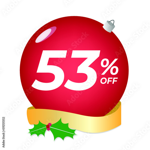 53% off. Fifty-three percent discount. Christmas sale banner. Red bubble with ornaments on a white background vector.
