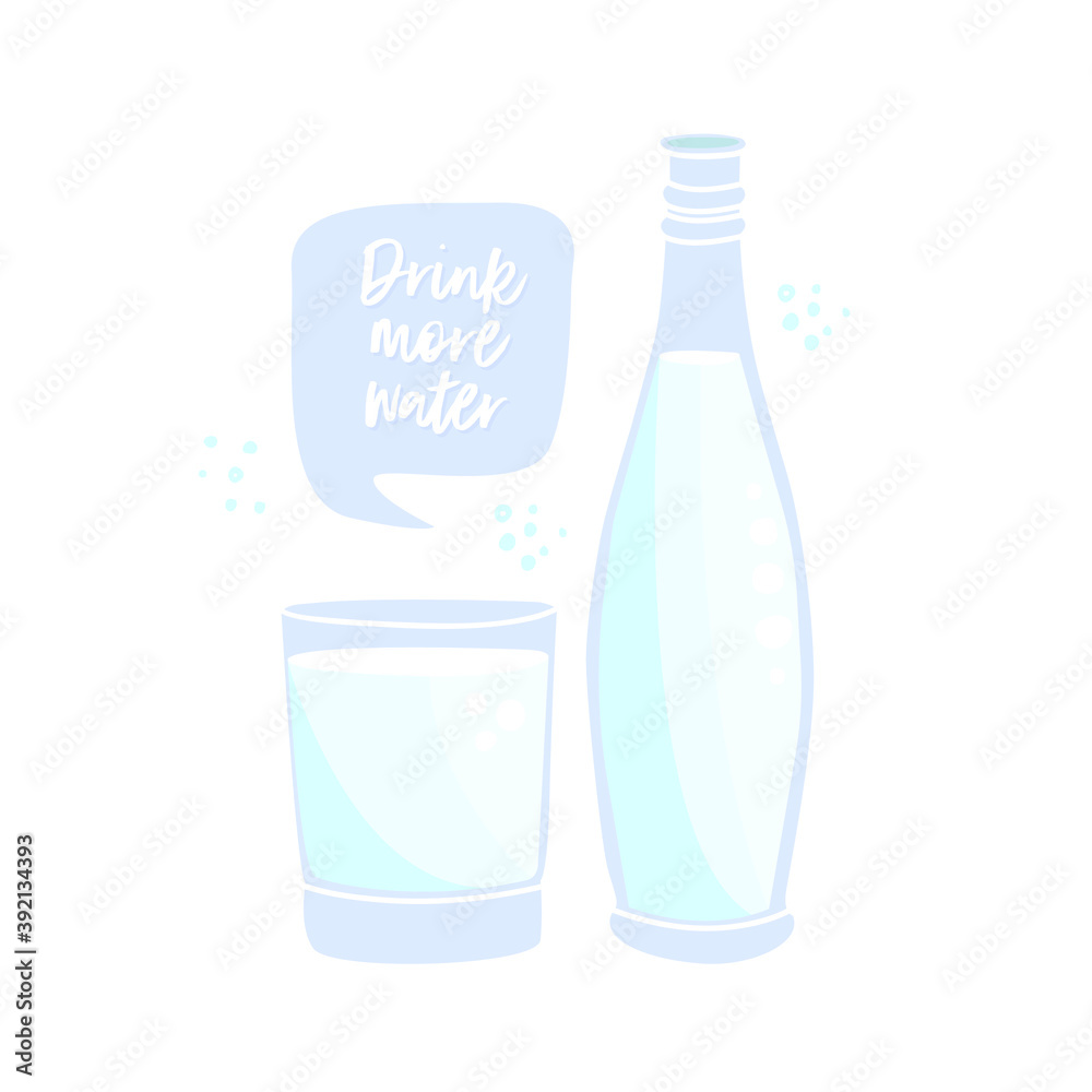 Drink more water. Flat vector illustration of a glass bottle and a glass of water. Design for posters, t-shirt printing, postcards, video blog covers Drink more water. Flat vector illustration of a glass bottle and a glass of water. Design for posters, t-shirt printing, postcards, video blog covers