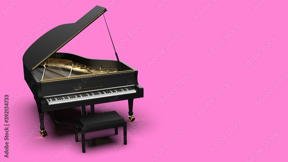 Black-Gold Grand Piano under pink background. 3D illustration. 3D high quality rendering. 3D CG.