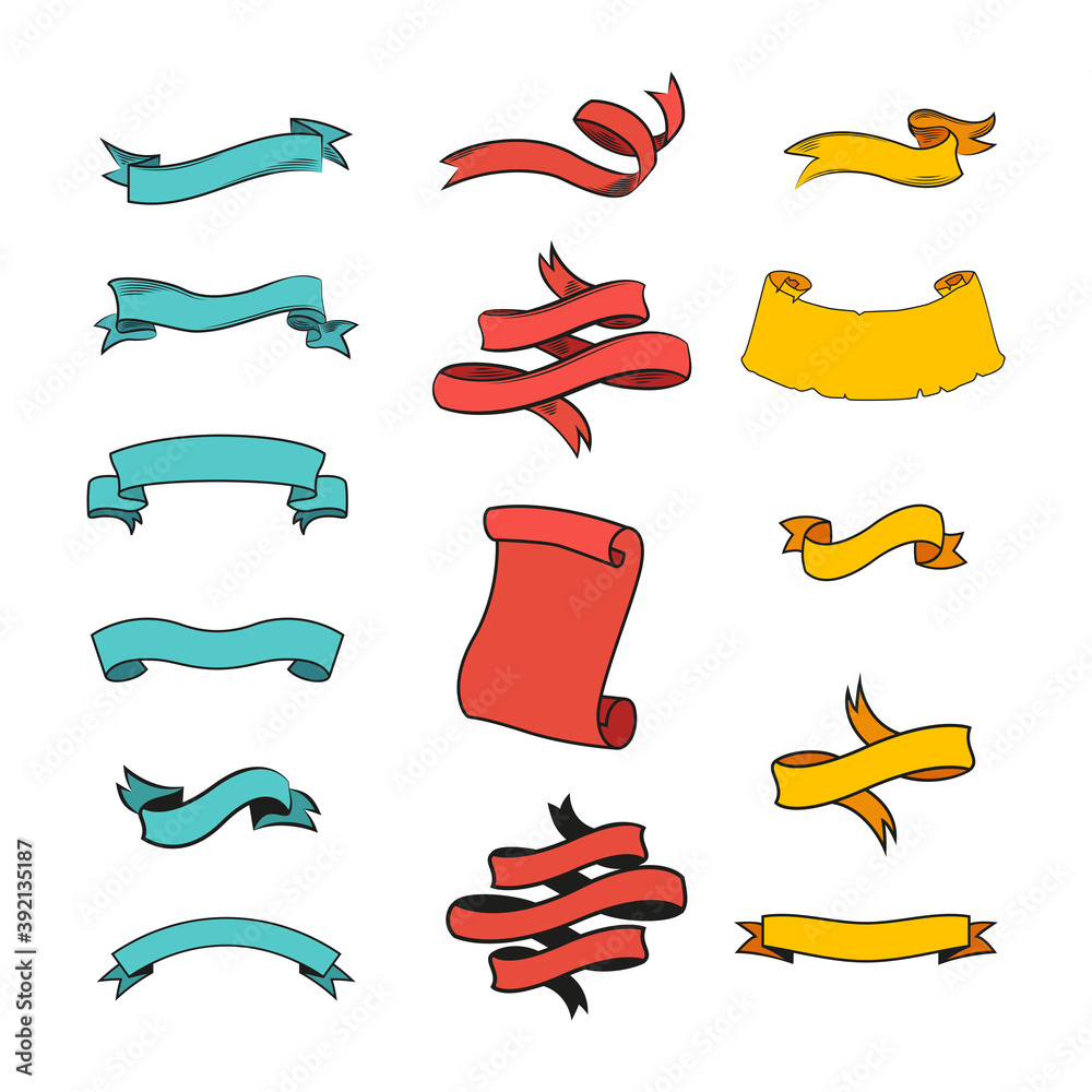 Set of ribbons banners of various shapes. Labels, stickers, tags, banners vector illustration.