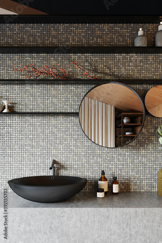 Quadro em tela Modern bathroom interior with gray ceramic tiles and black washbasin