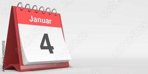 January 4 date written in German on the flip calendar page. 3d rendering