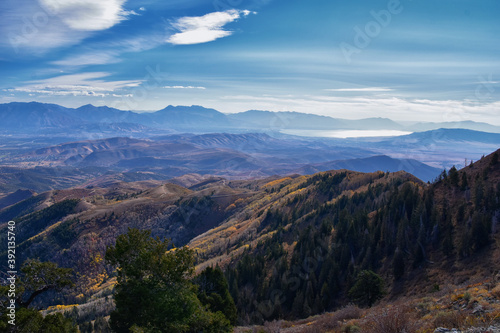 Butterfield Peak views of Oquirrh range toward Provo, Tooele, Utah Lake and Salt Lake County by Rio Tinto Bingham Copper Mine, in fall. Utah. United States.