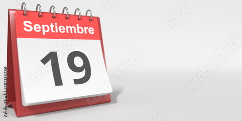 September 19 date written in Spanish on the flip calendar, 3d rendering