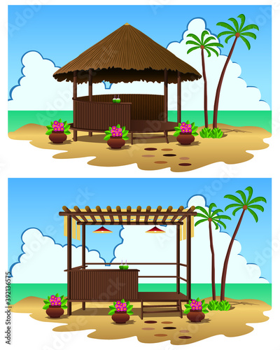 Pleasant pergola gazebo pavilion to relax and enjoy the tropical beach landscape. Vector illustration.