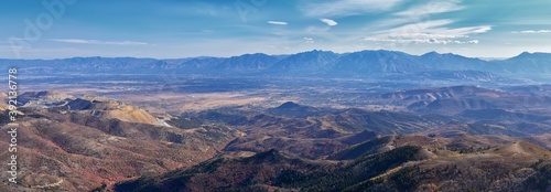 Butterfield Peak views of Oquirrh range toward Provo, Tooele, Utah Lake and Salt Lake County by Rio Tinto Bingham Copper Mine, in fall. Utah. United States. © Jeremy
