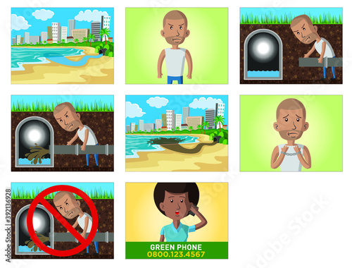 Comic strip of a criminal making an illicit sewer, in a storyboard about the city sewage and drainage system. Vector illustration.