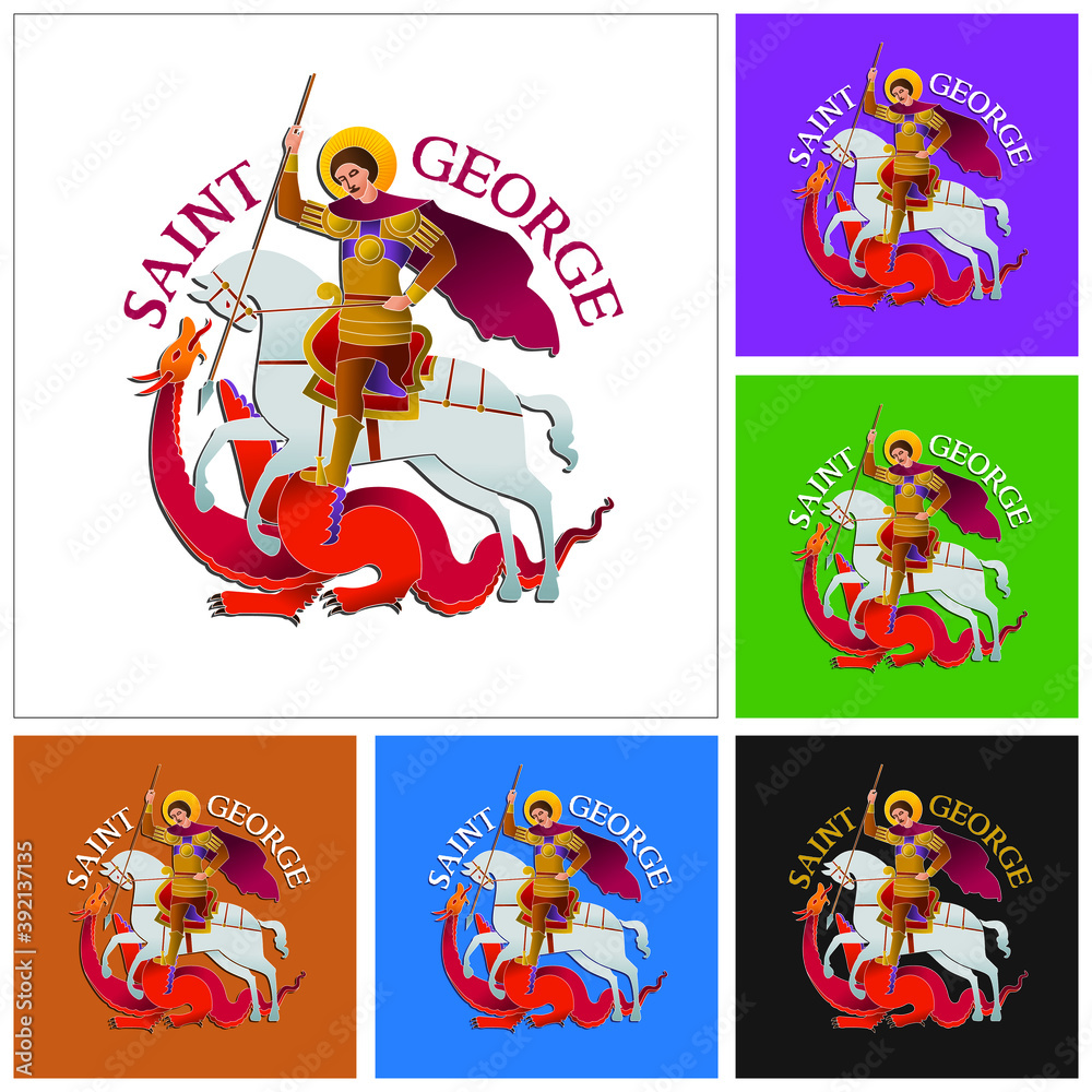 Set of colorful drawings of Saint George riding a horse and fighting the Dragon, in stylized way and several backgrounds. Vector illustration.