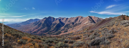 Butterfield Peak views of Oquirrh range toward Provo, Tooele, Utah Lake and Salt Lake County by Rio Tinto Bingham Copper Mine, in fall. Utah. United States. photo
