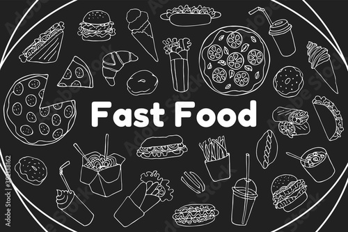 Set hand drawn vector isolated elements. Takeaway food. Collection of fast food. Illustration of a Burger, hot dog, pizza, donuts, sandwiches.