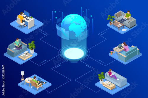 Isometric video conference. Working at home, coworking space. Online meeting work form home. Home office.