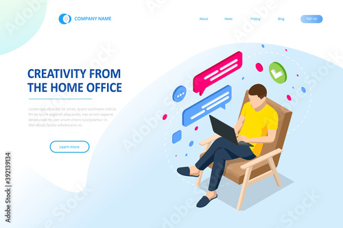 Isometric video conference. Working at home, coworking space. Online meeting work form home. Home office.