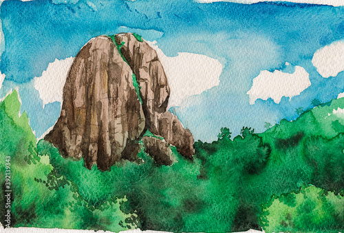 Illustration of the rocky peak called Bau Stone. Amid greenish valley and sunny sky, in the Brazilian countryside. Watercolor painting.