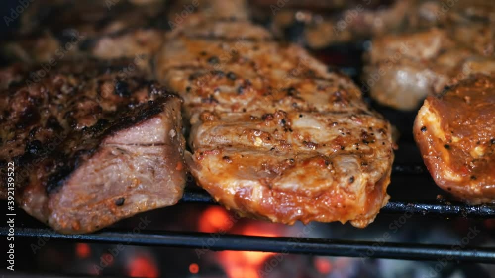 Pork and beef stakes meat grill on fire Pork and beef stakes meat grill on fire