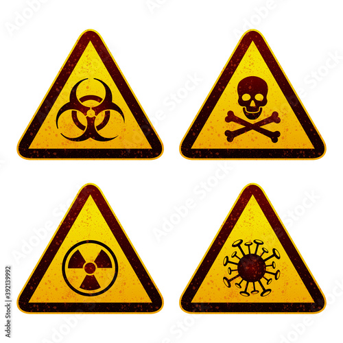 Set of warning signage in triangular shape for biohazard alert, risk of death, radiation danger and virus contamination. Vector illustration.