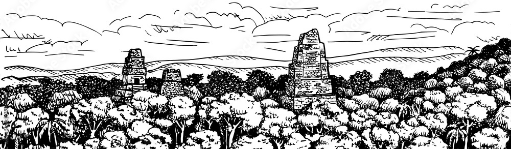 Top of pyramids amid trees of tropical forest at the old city of Tikal. An archaeological site from the Maya civilization in Guatemala. Ink drawing. Top of pyramids amid trees of tropical forest at the old city of Tikal. An archaeological site from the Maya civilization in Guatemala. Ink drawing.