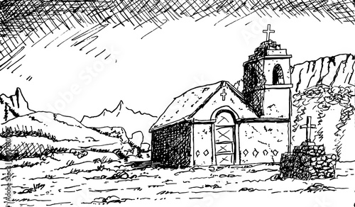 Fotografi Small church with a steeple in the arid Atacama