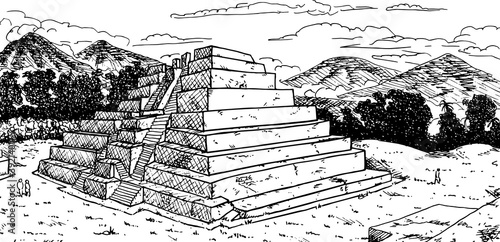 Temple-pyramid in talud-tablero style and double stair at the Maya city of Zaculeu. A pre-Columbian archaeological site in Guatemala. Ink drawing.