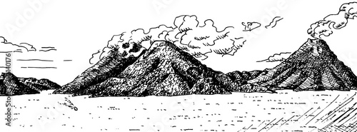Atitlan Lake with large hills and Volcano covered by forest on its shore. In the highlands of central Guatemala. Ink drawing.