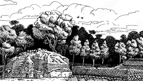 Ruined temple-pyramid in the middle of forest at the old city of Iximche. An archaeological site of the Maya civilization, in Guatemala. Ink drawing. photo