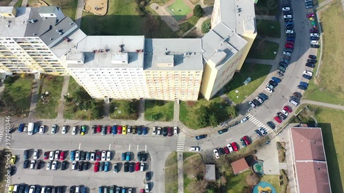 Aerial View of Modern Suburbia of Prague, Czech Republic. Residential Buildings in Luziny Neighborhood on Sunny Summer Day, Top Down Drone Shot photo