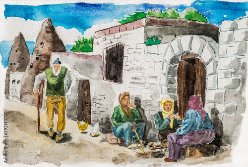 People talking on a quiet street in Goreme. A small countryside village in the Cappadocia region, located in central Turkey. Watercolor painting. photo