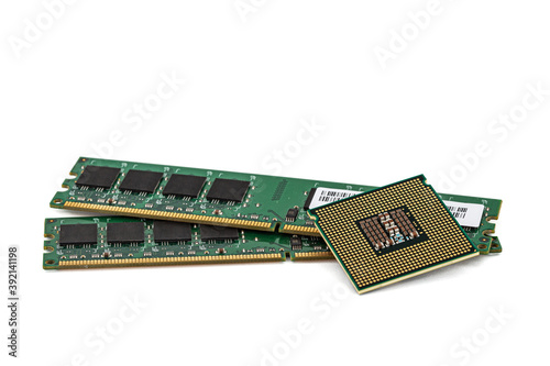 Random access memory and central processing unit of modern computer, RAM and CPU PC, isolated on white background
